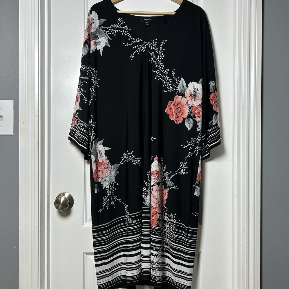 Lane Bryant Black Rose Stripe Floral Print Maxi Caftan Dress Romantic Boho Style